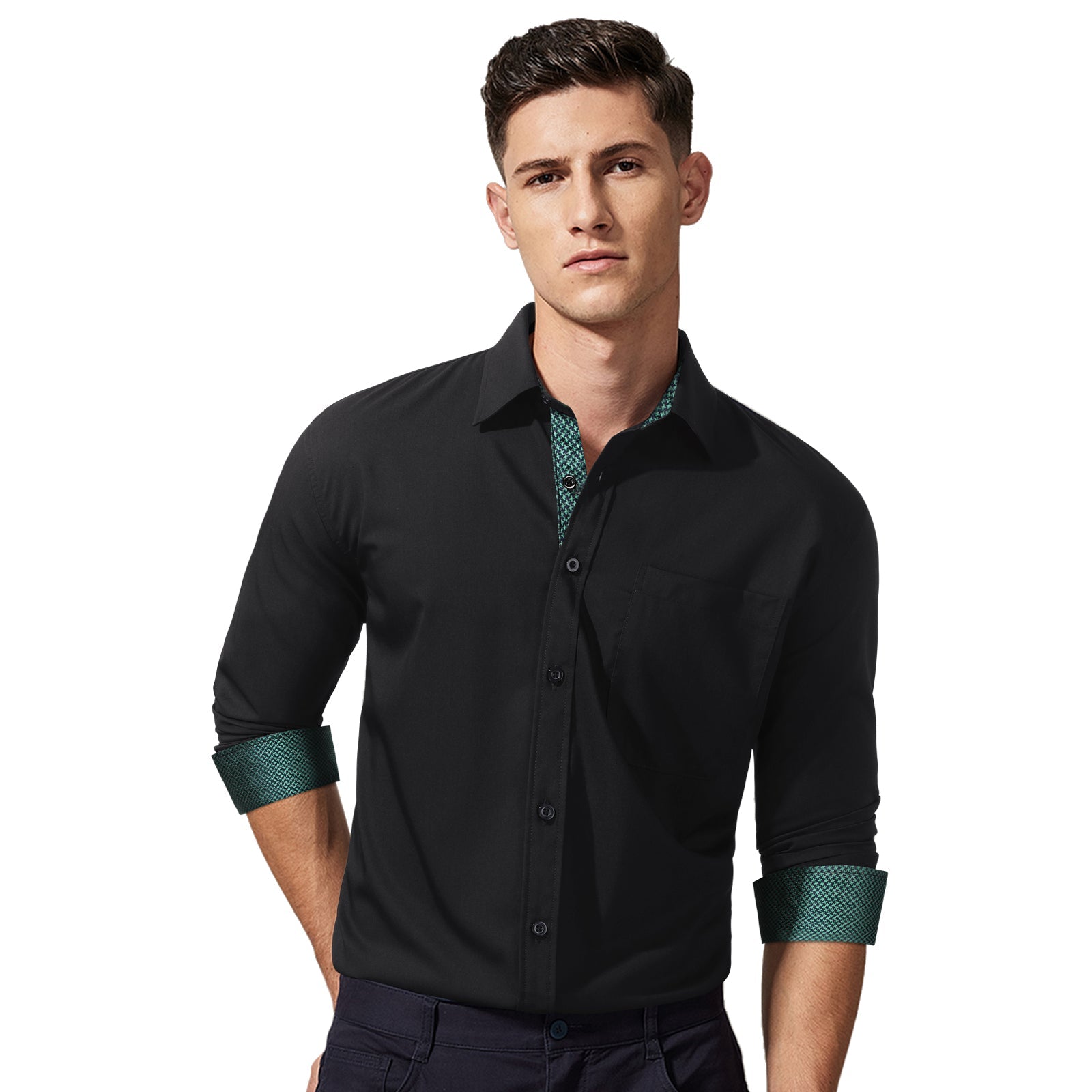 Casual Formal Shirt with Pocket - A-BLACK