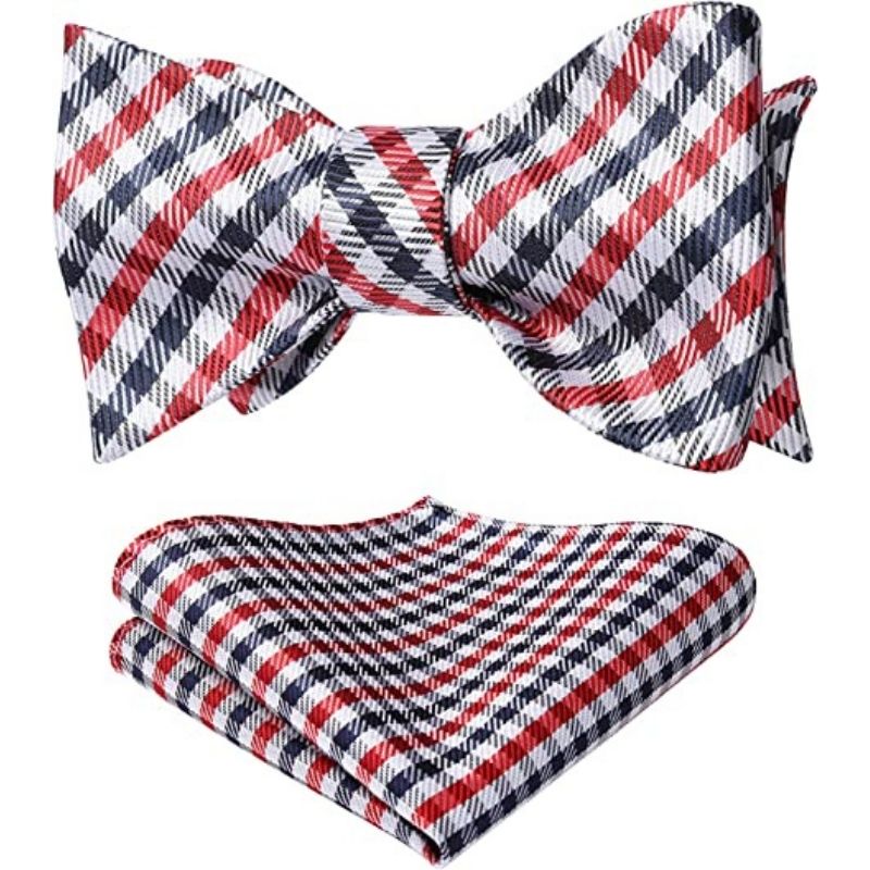 Plaid Bow Tie & Pocket Square - D-NAVY BLUE/RED