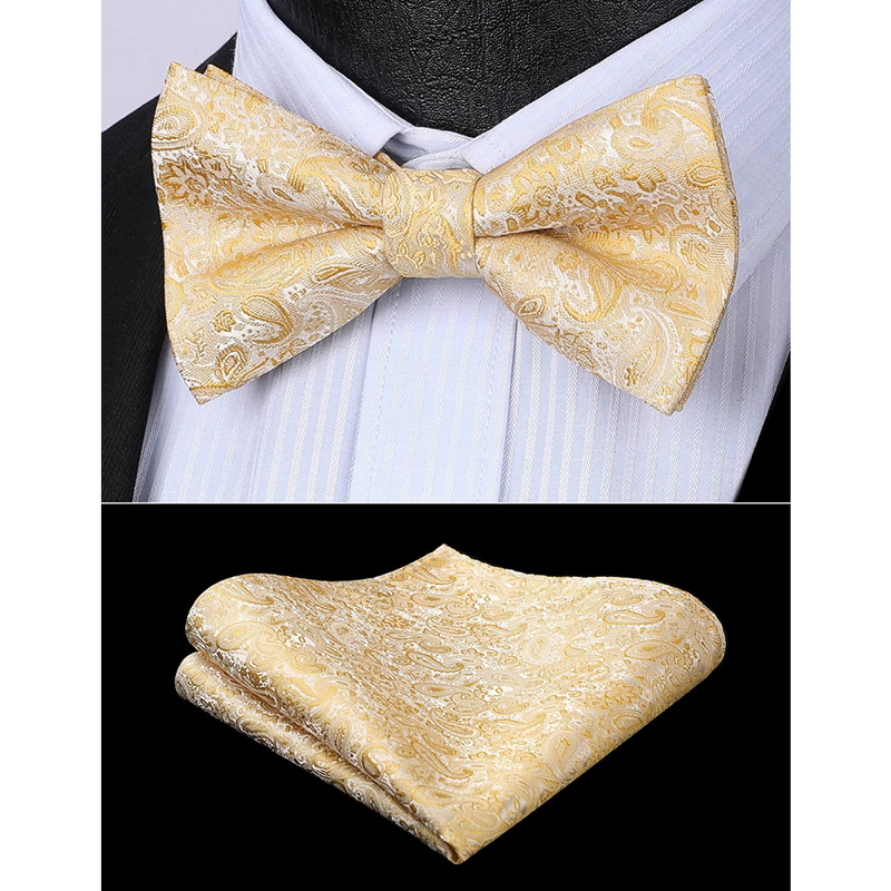 Paisley Pre-Tied Bow Tie & Pocket Square - F-GOLD 1