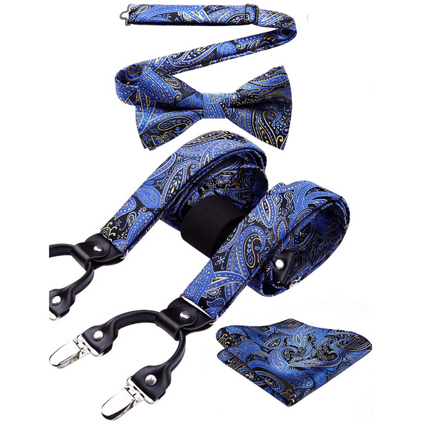 Paisley Floral Suspender Pre-Tied Bow Tie Handkerchief - B7-BLUE/BLACK/YELLOW